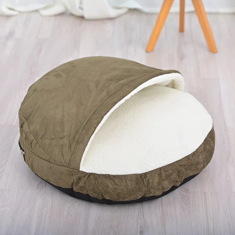 Brown cloth dog kennel with removable washable components for indoor pet use