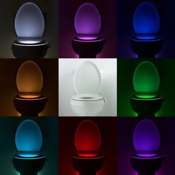 8-colour motion sensor toilet light with flexible adhesive mount for easy installation on toilet surface