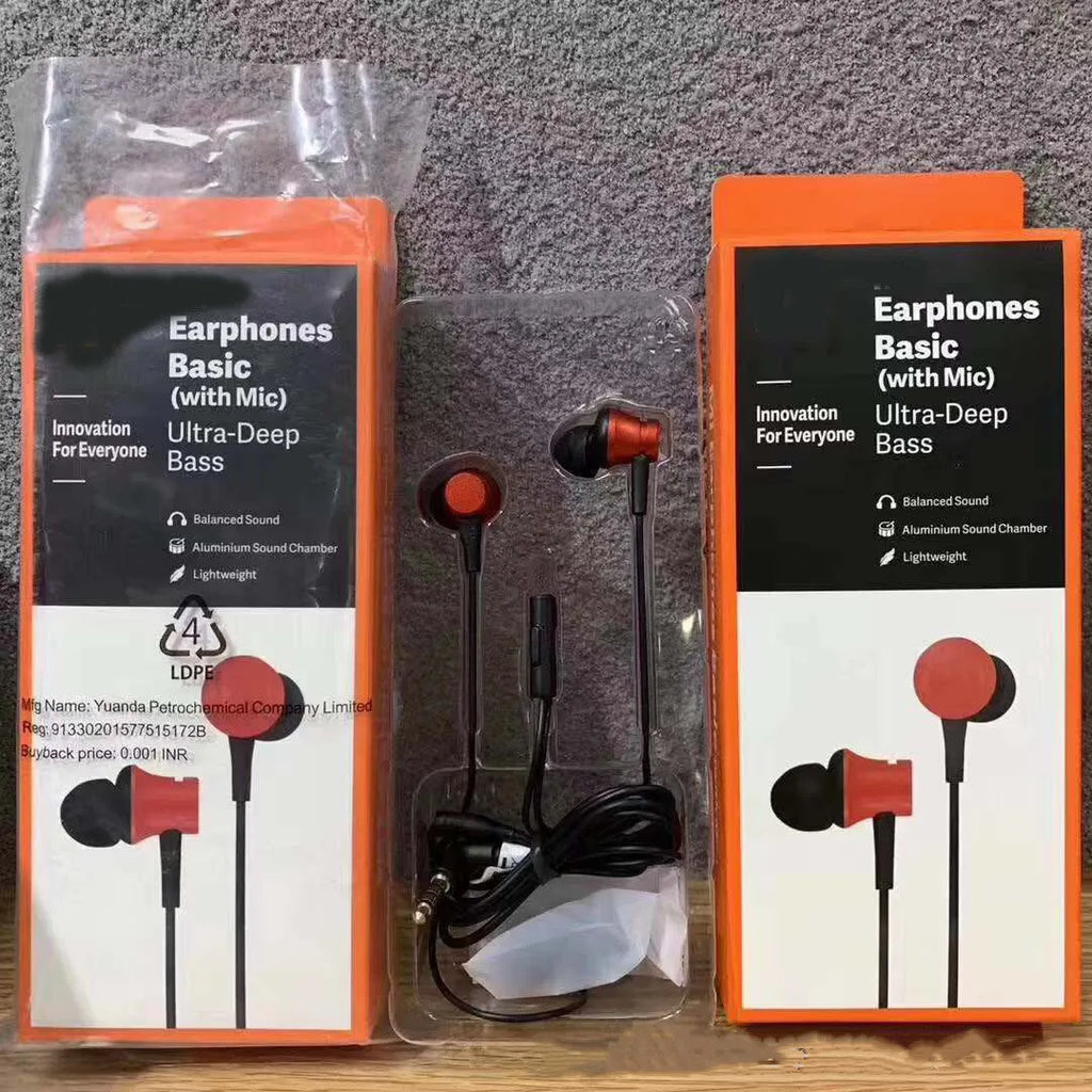 Piston-style in-ear wired headphones with 3.5mm jack in black, blue, and red colour options.