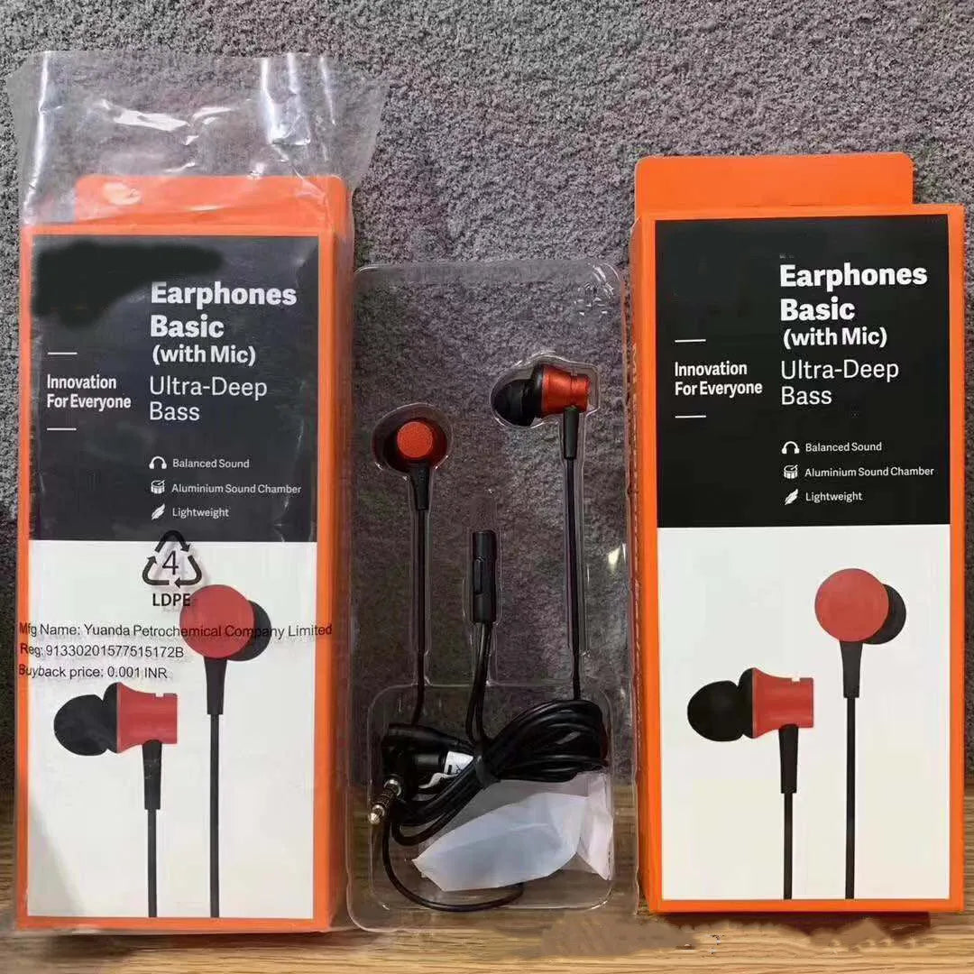 Piston-style in-ear wired headphones with 3.5mm jack in black, blue, and red colour options.