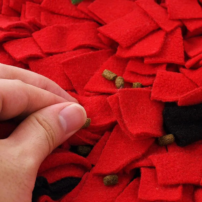 Red and green strawberry-shaped pet sniffing mat for slow feeding dogs and cats.