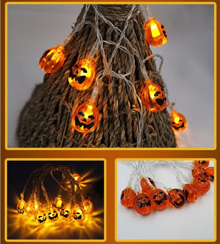 Halloween LED string lights with pumpkin, ghost and bat pendants on white cord