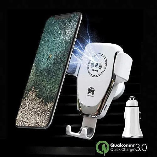 Car wireless charger mount holding iPhone with automatic clamping arms and dashboard mounting