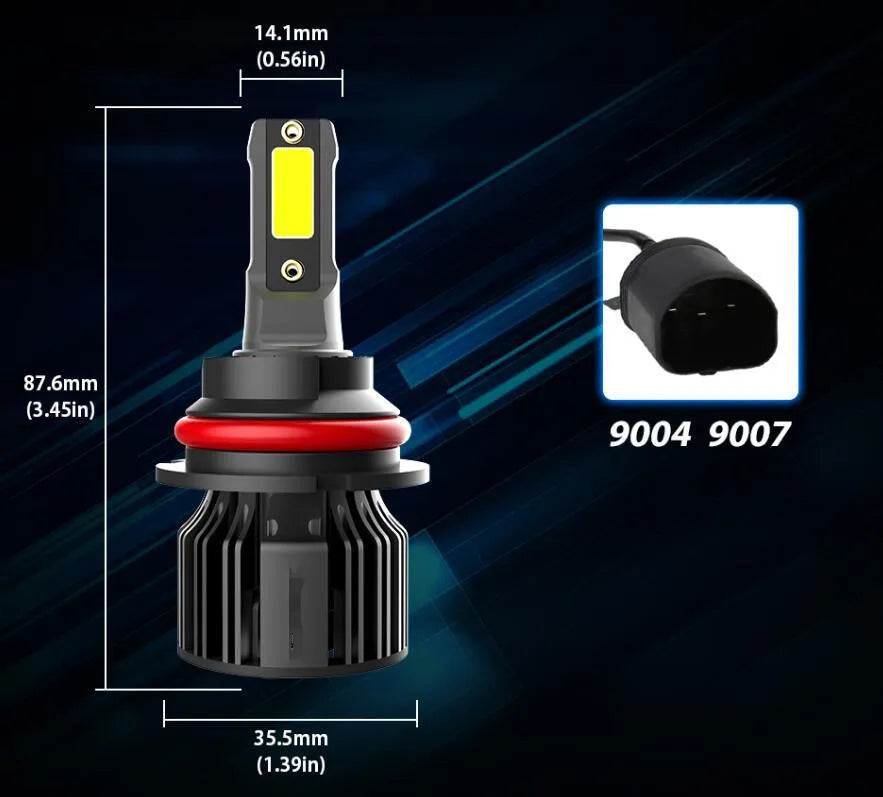 Car LED headlight bulb kit showing 6000K white light, 72W high power, and plug-and-play connectors.