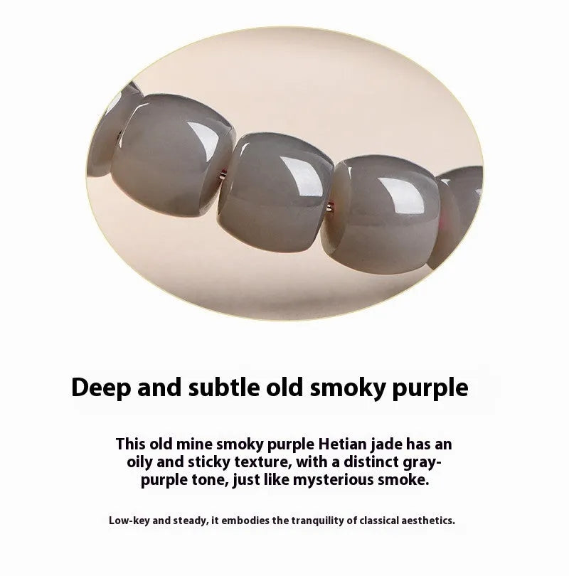 Natural Smokey Violet Hetian jade straight cut bracelet on a wrist, showing 8x9mm stones.