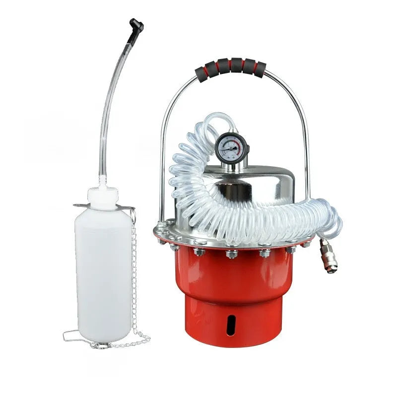 Pneumatic brake fluid replacement machine with pressure gauge, regulator, and transparent drain hose on a 49x30x42cm unit.
