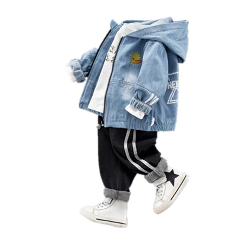 Denim three-piece children's cotton suit with zipper shirt top, coat, and pants for 80-110cm heights