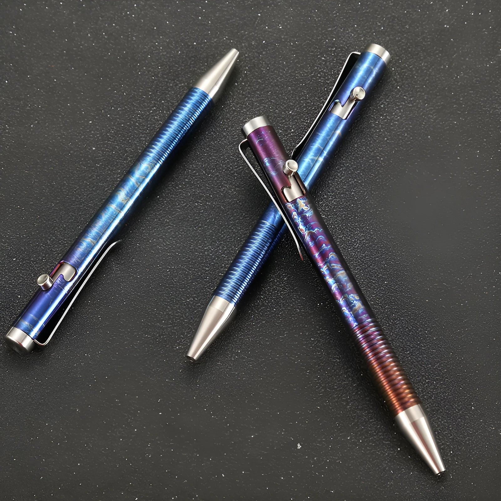 Titanium alloy bolt action pen with magic phantom colour finish, showing bolt handle detail.