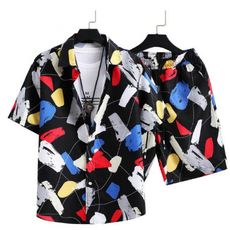 Men's short sleeve cardigan and shorts casual suit set with digital print design in blue.