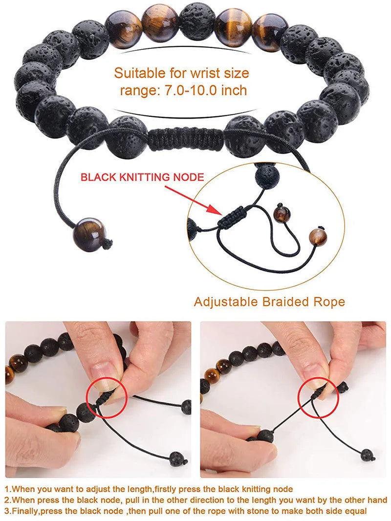 Matte black agate couple bracelets with geometric beads on wrist.
