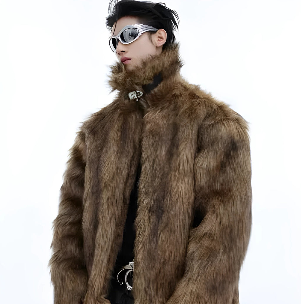 Men's brown short faux fur coat with long length and raccoon fur colour artificial fur collar