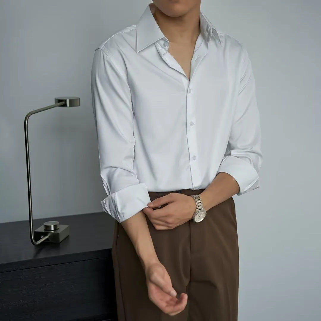 Man wearing a black slim-fit long sleeve cardigan shirt with a Korean-style design.