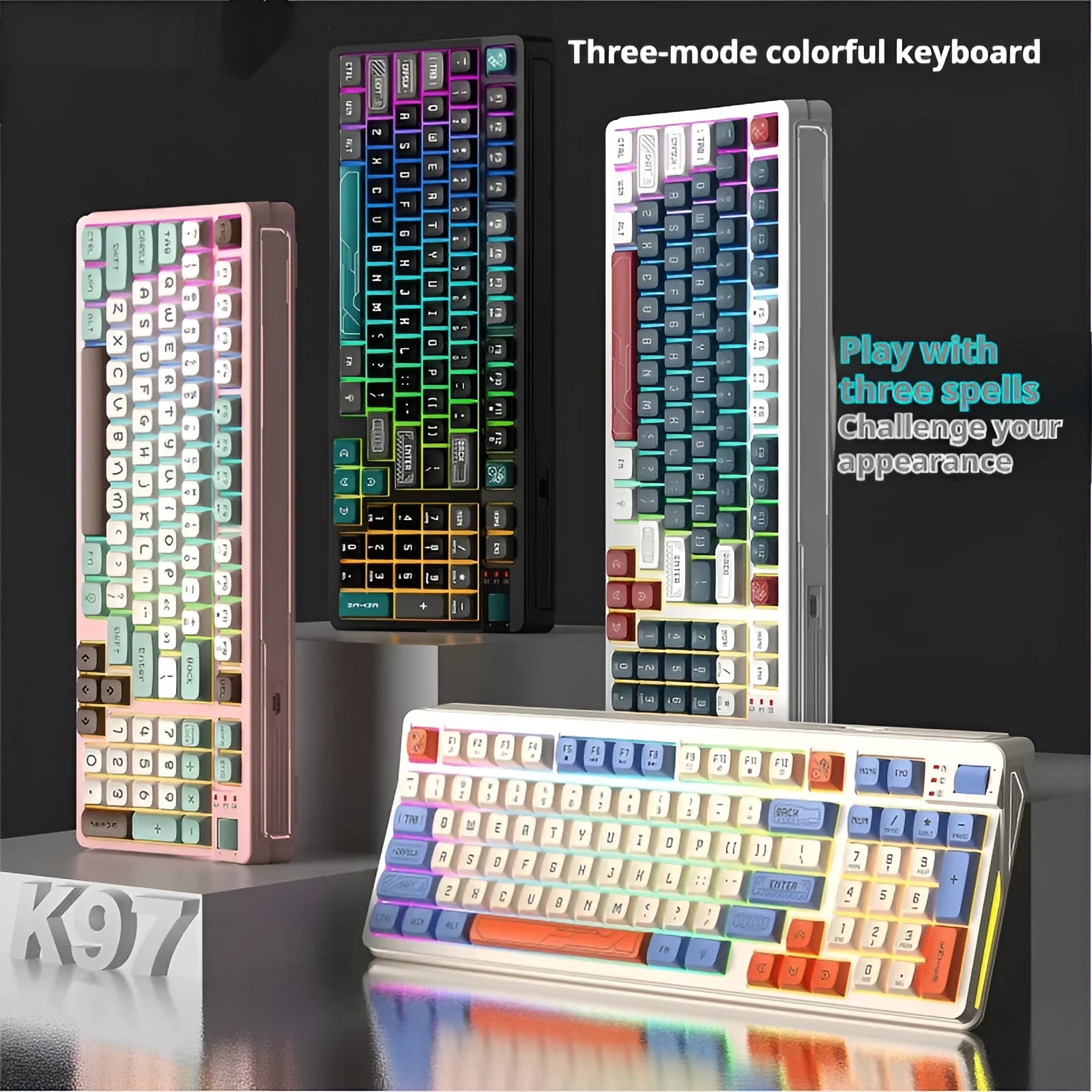 ABS plastic computer keyboard with luminous mechanical-style keys in a blue and white colour combination.