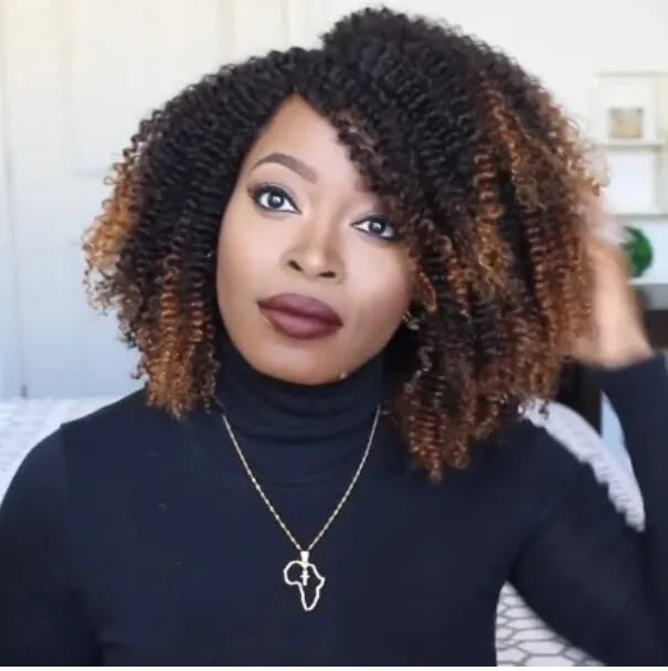 Short curly wig made of high temperature silk with long bang in black gradient brown colour on a wig stand