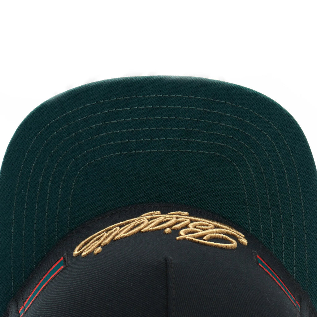Black canvas embroidered baseball cap with dome shape and adjustable back closure