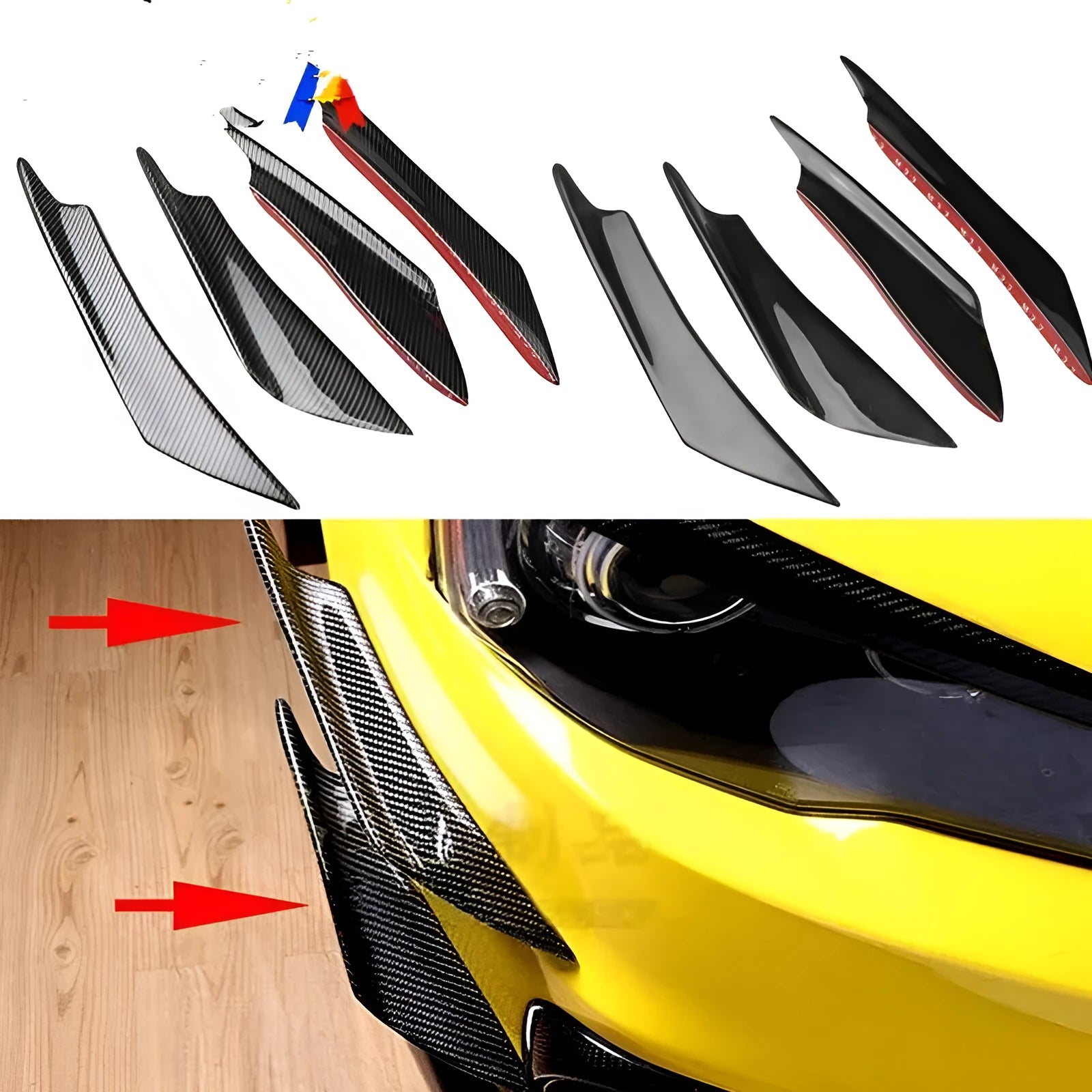 Set of four carbon fibre pattern ABS bumper blade spoilers for car modification