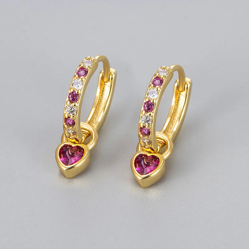 Women's heart-shaped zircon earrings with coloured gemstone centre and gold or white gold plating