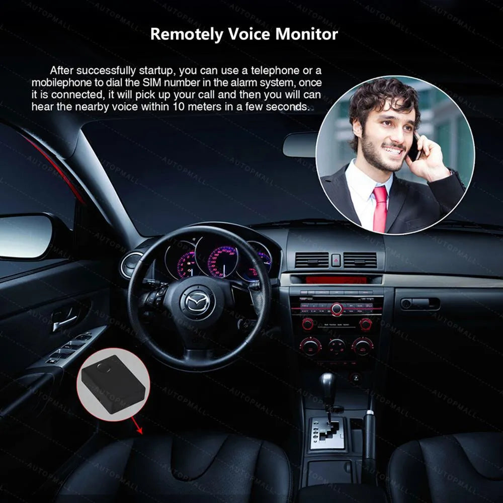 Black N9 mini GPS tracker and car alarm unit with open back cover showing SIM slot.