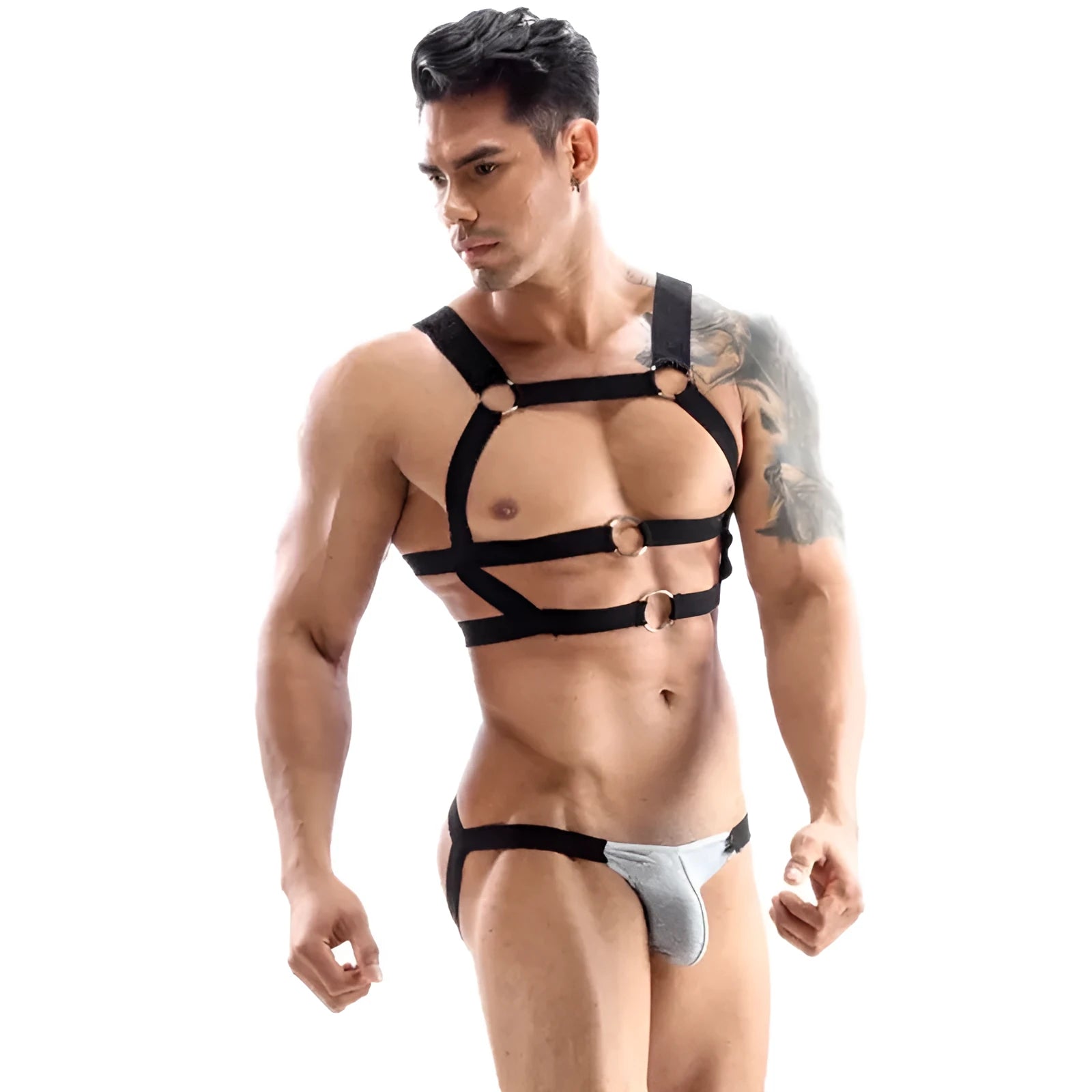 Male cotton low-waist thong set with chest belt in black colour