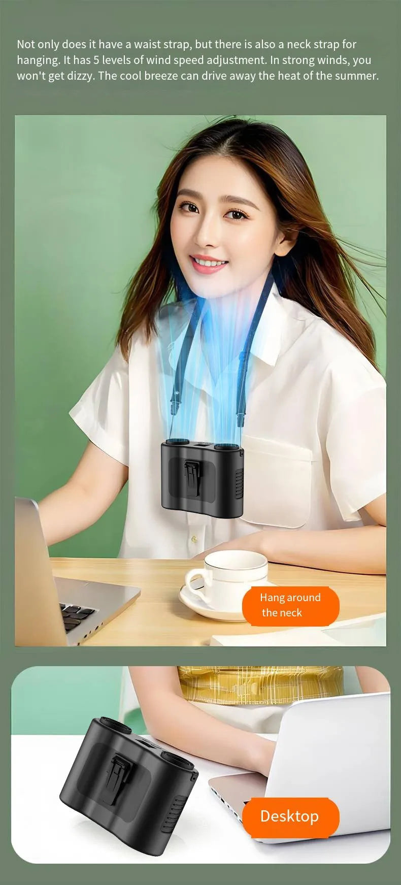 Grey coloured waist-hung personal fan with neck lanyard, showing top control button.