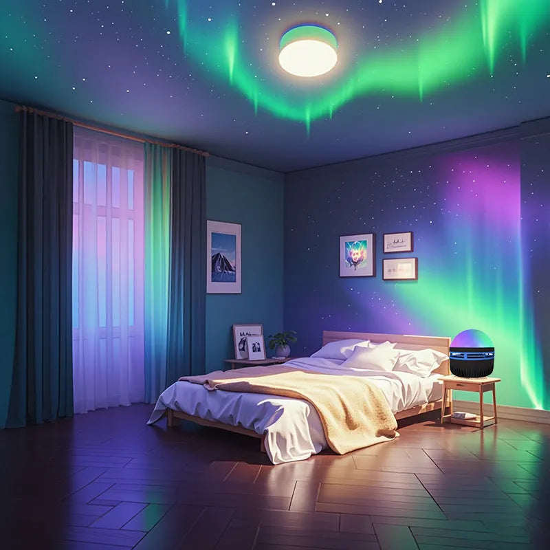 Water ripple LED projection night lamp with colourful northern lights effect on a bedside table