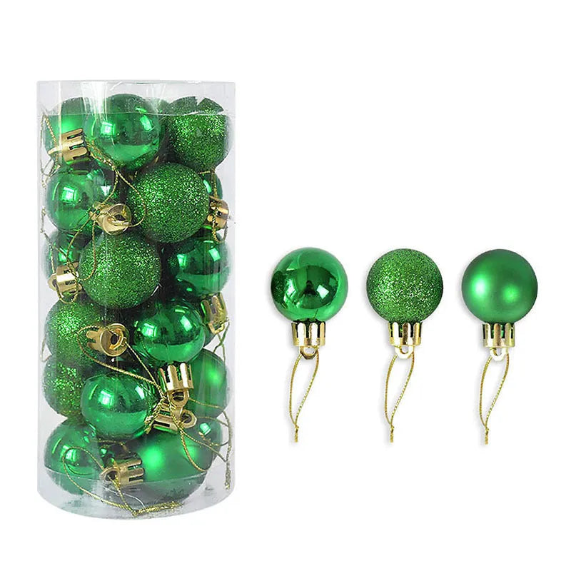 Small 3cm diameter shiny matte plastic Christmas bauble in assorted colours including gold, red, silver, and blue.