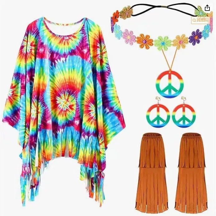 Colourful tie dye cloak costume with bell sleeves for Halloween fancy dress