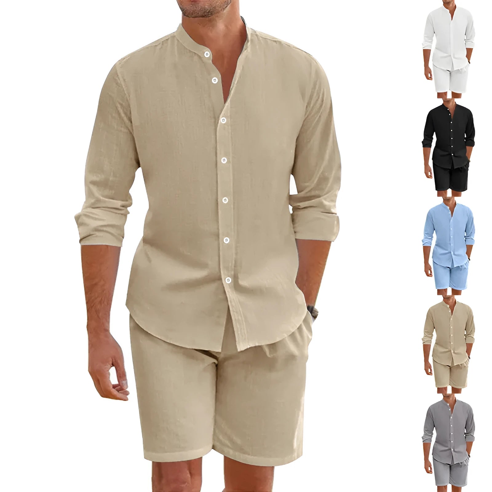 Man wearing a dark grey short-sleeve lapel shirt and matching drawstring shorts from a hemp-blend linen summer suit set.