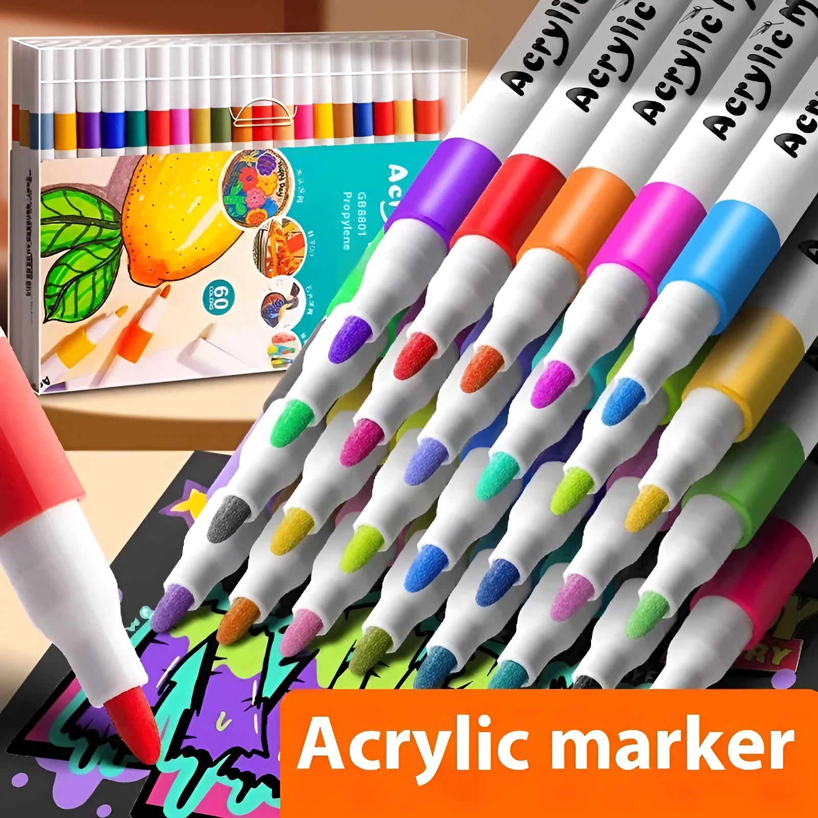 Acrylic marker pen set in plastic barrels with multiple colour options for student painting projects