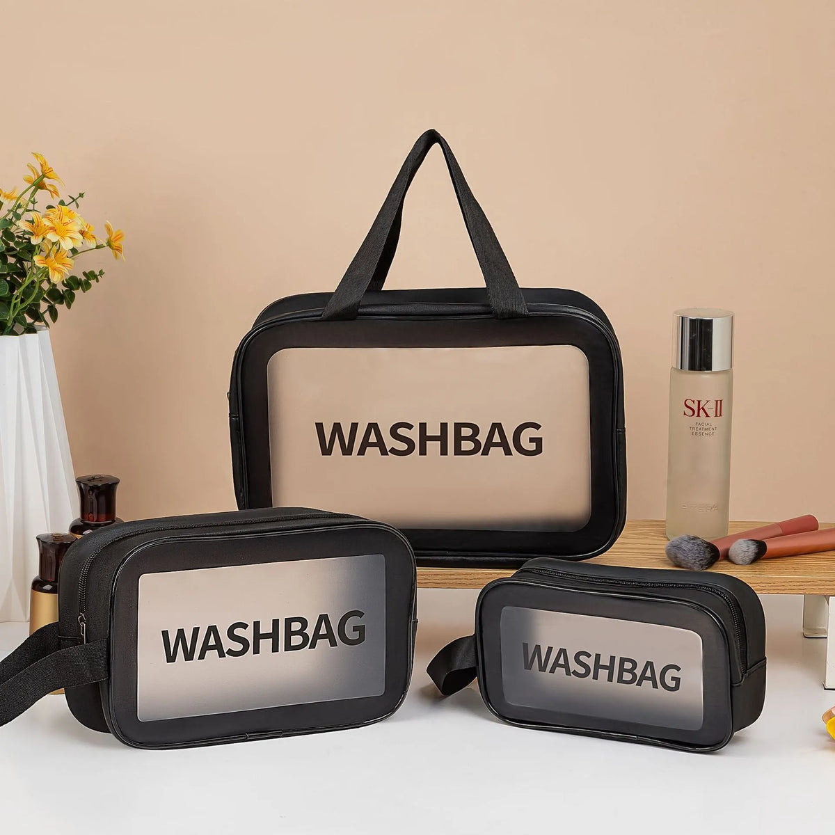 Large PVC transparent cosmetic bag set of three wash bags in beige and black