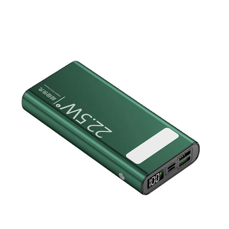 Alloy shell portable power bank in four colours showing LCD display and LED flashlight