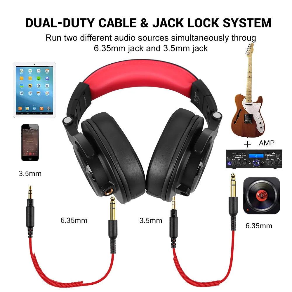 OneOdio black and red studio monitor headphones with over-ear cups and 40mm speaker drivers