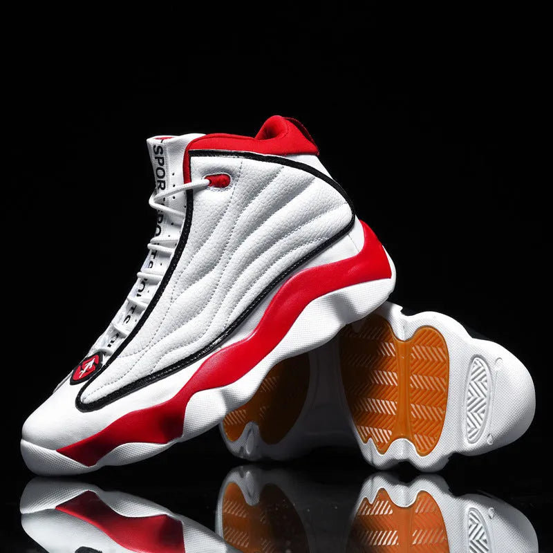 Men's high-top basketball shoes in AJ13 colours with thick rubber sole and mesh upper