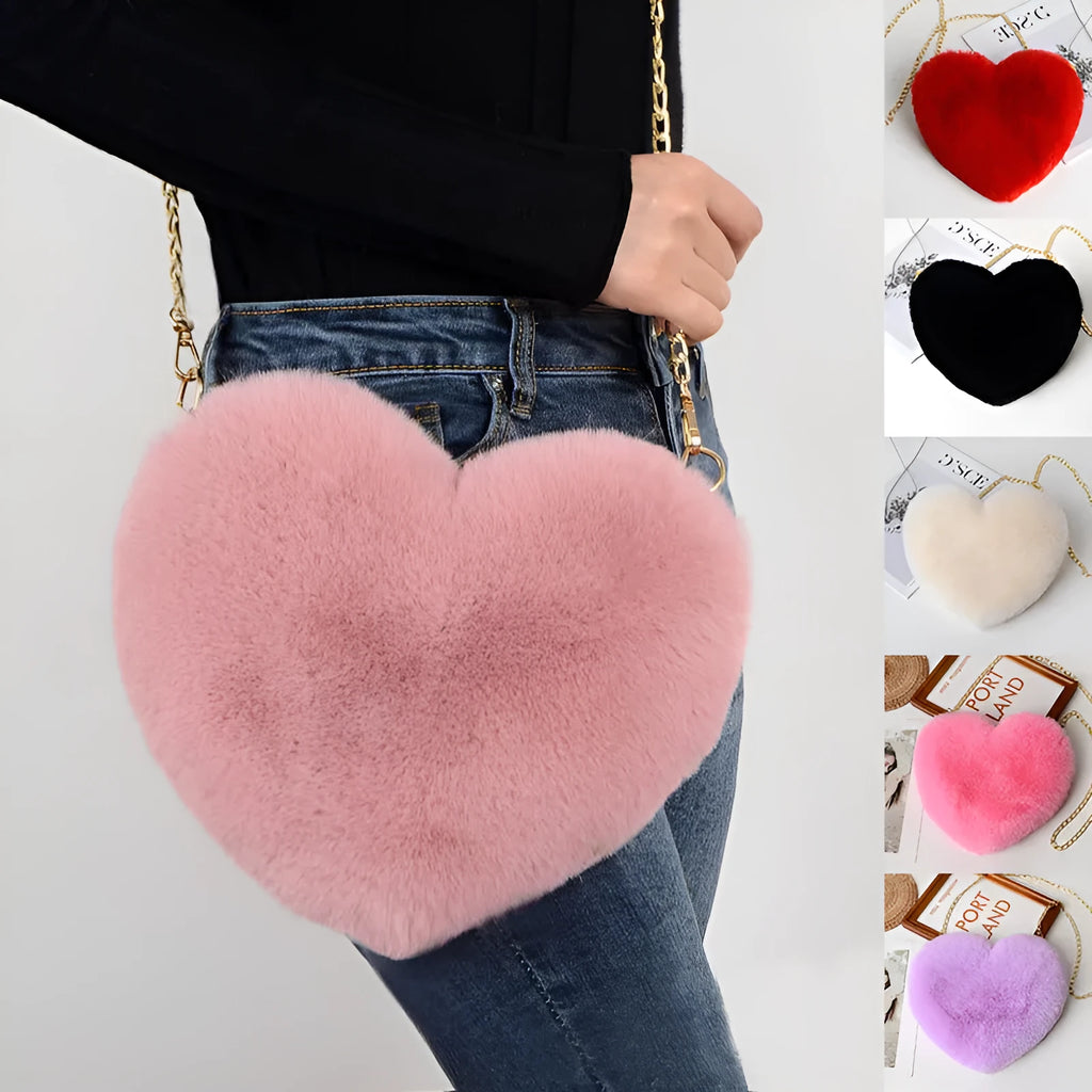 Love Bags plush heart-shaped shoulder bag in red, with chain strap and zipper, 25cm wide