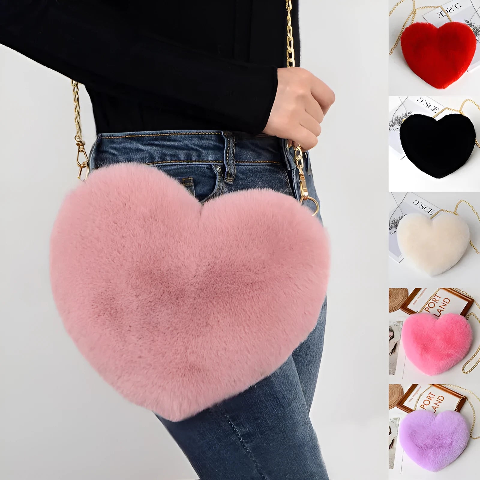 Love Bags plush heart-shaped shoulder bag in red, with chain strap and zipper, 25cm wide