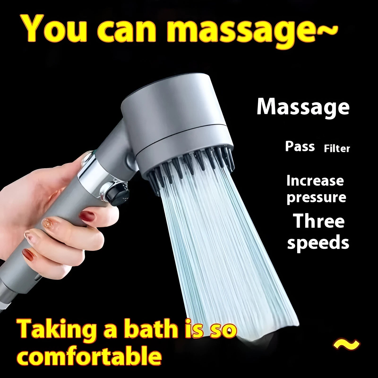 Portable ABS plastic shower head with three gear adjustment for spray, massage and rain functions