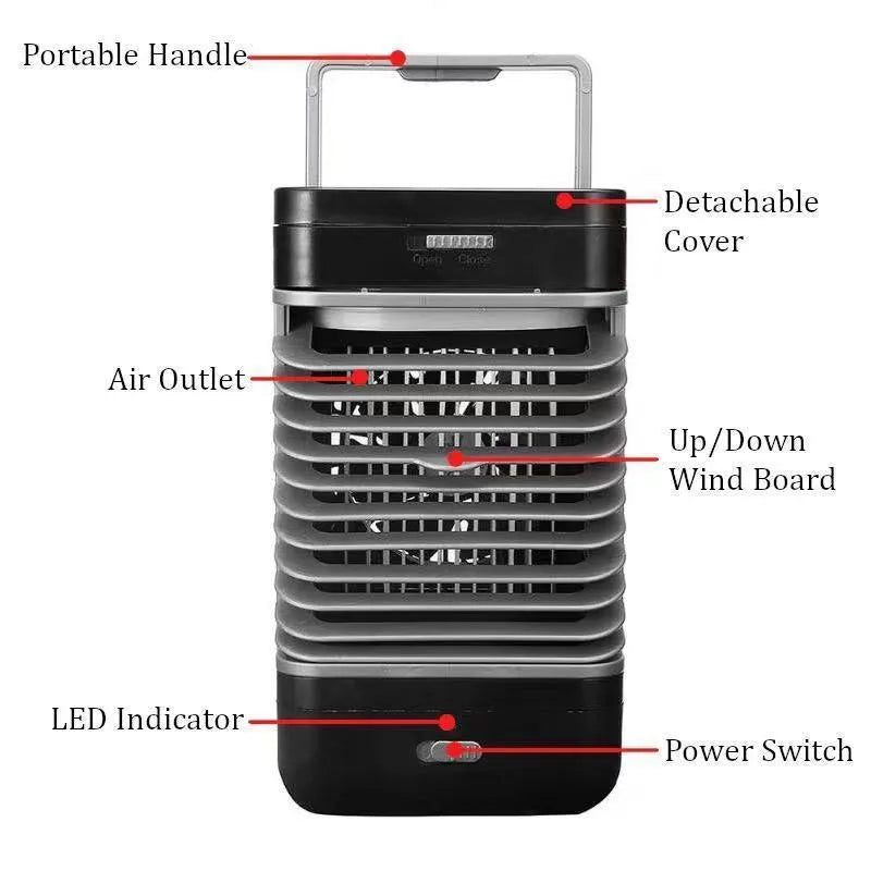 Black portable vertical USB evaporative air cooler measuring 16 by 13.5 by 28.5 cm on a desk