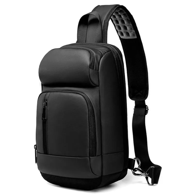 Black medium-sized PVC outdoor shoulder bag showing front view and interior laptop compartment.