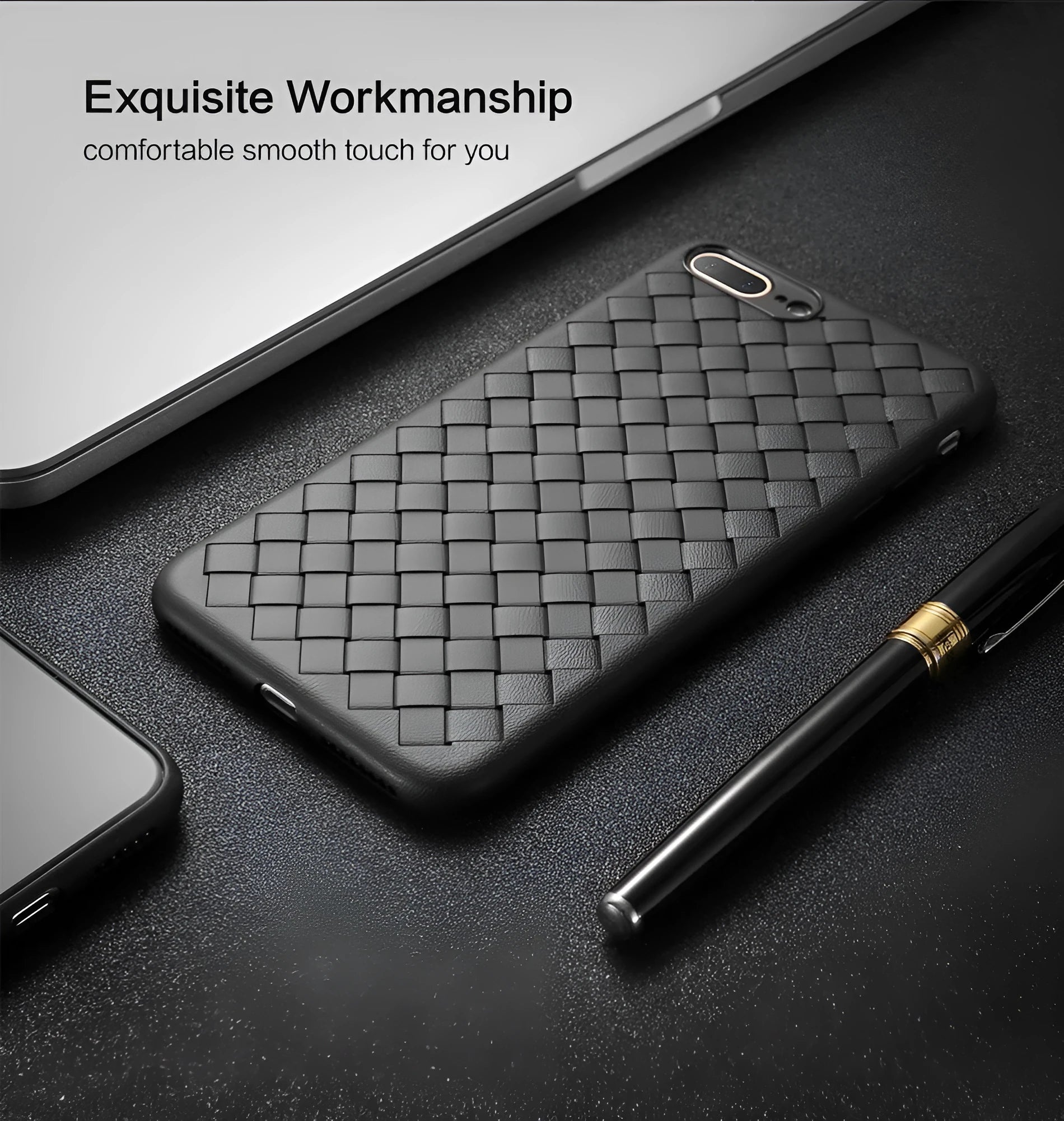 Luxury grid weave pattern iPhone case in TPU for models 6, 7, 8, and X, shown in black colour.