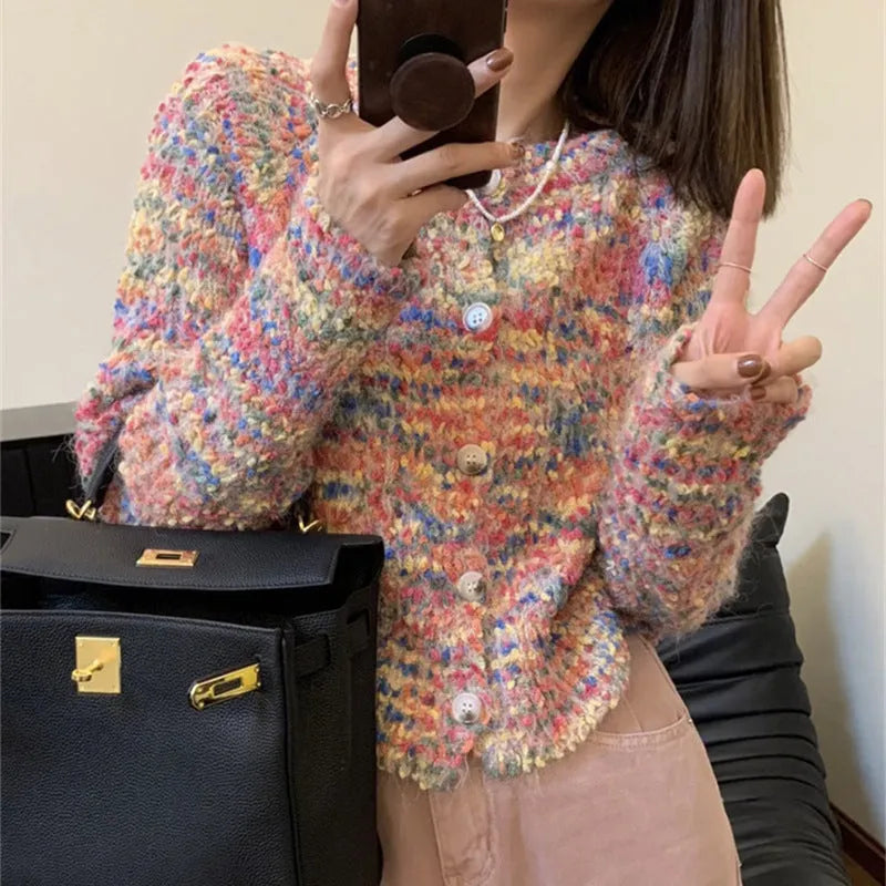 Retro rainbow patterned knitted cardigan sweater in green or pink ice cream colours with slim fit design