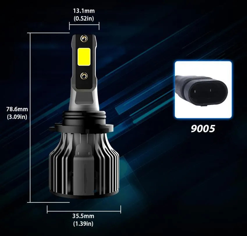 Car LED headlight bulb kit showing 6000K white light, 72W high power, and plug-and-play connectors.