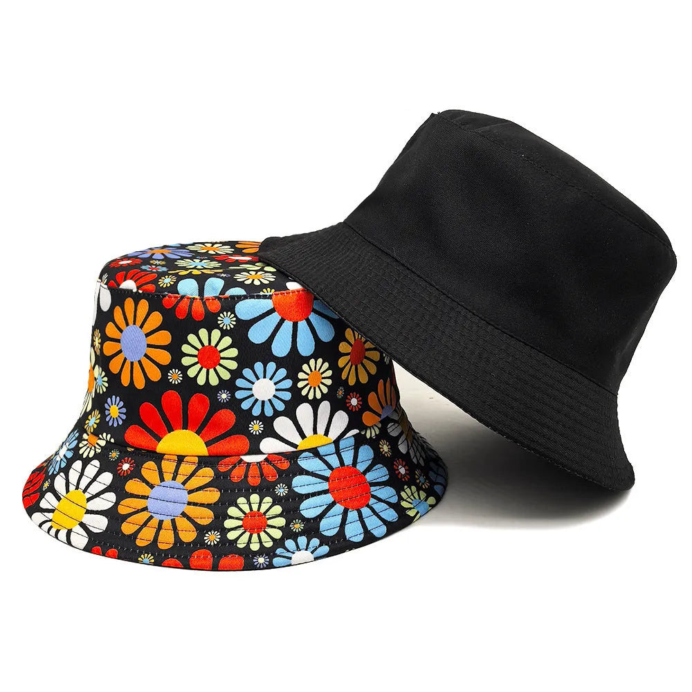Colourful flowers pattern polyester bucket hat with dome crown in retro style
