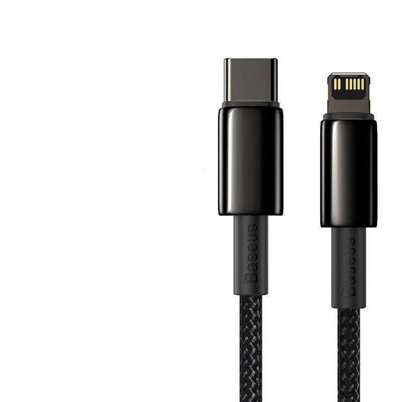 Baseus tungsten gold series PD 20W fast charging data cable, black zinc alloy and nylon braided, Type C to IP, 1m or 2m
