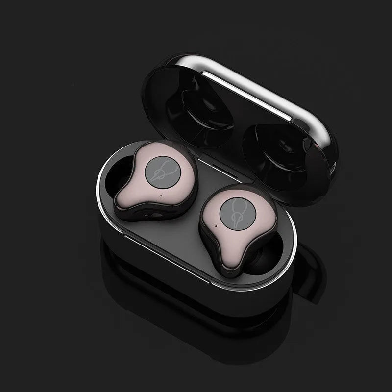 TWS wireless Bluetooth earbuds and charging case in one of six colours: Coffee, Coppery, Grey, Purple, Red, or Silver.