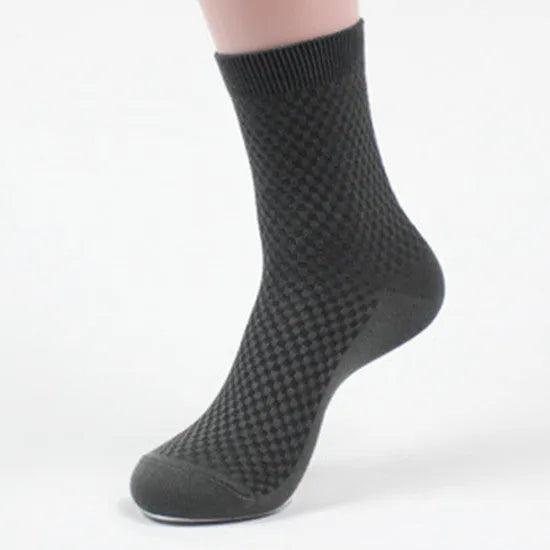 Men's bamboo fibre business socks with small square pattern in black, grey blue, iron grey, navy blue, and silver grey.