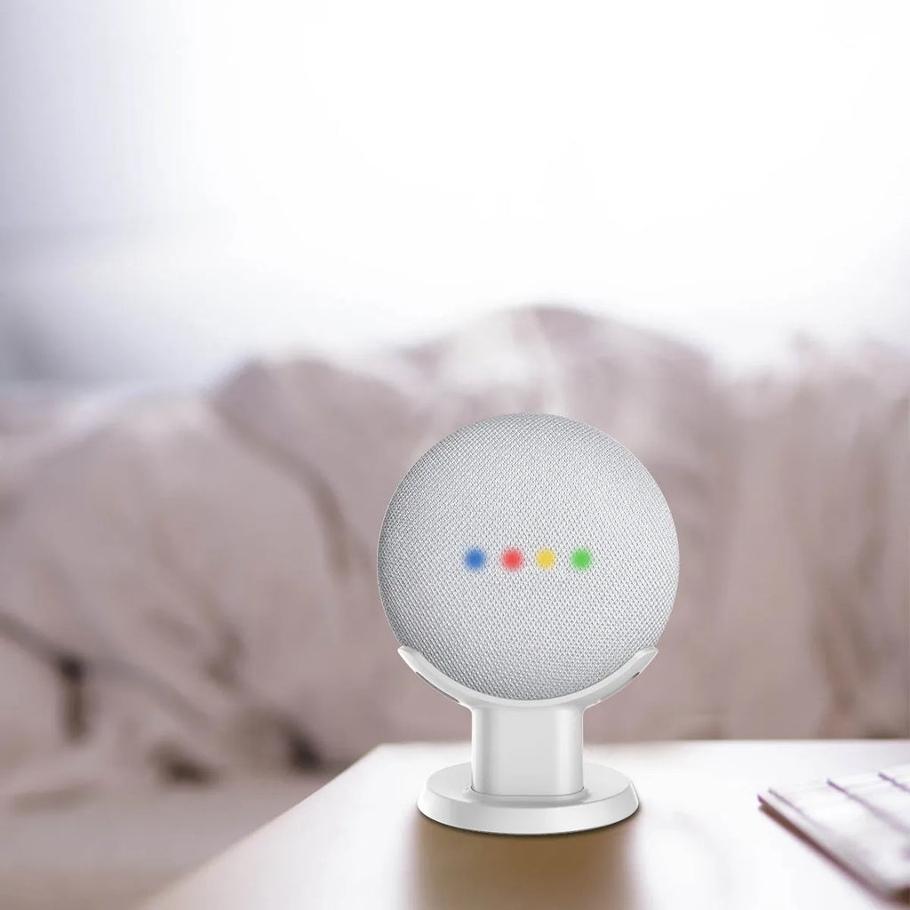Plastic table holder for Google Home Mini voice assistant stand in black finish on a desk