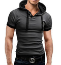 Men's cotton hooded polo shirt with drawstring hood and short sleeves, available in eight styles and sizes L to 5XL.