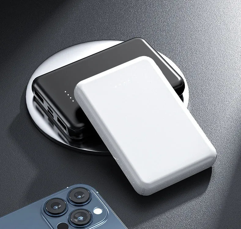 Black and white electric heating vest power bank showing compact 97x64x14mm size.