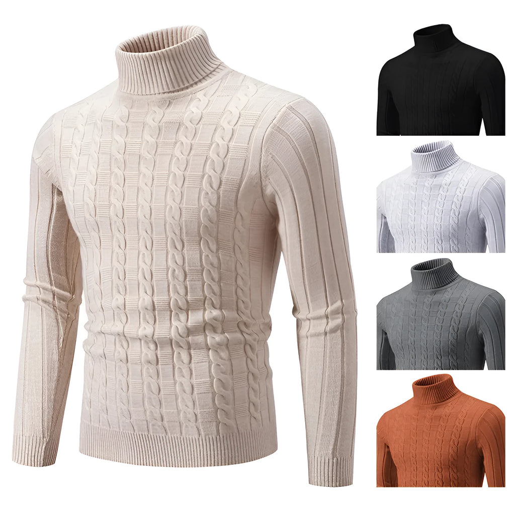 Men's slim fit chenille turtleneck pullover sweater with twist pattern in multiple colour options