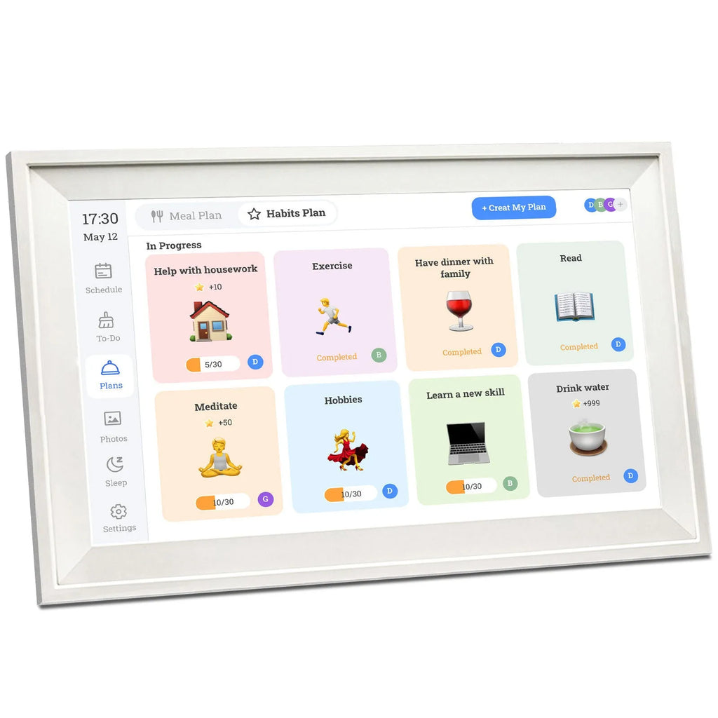 White 15.6-inch smart digital photo frame with app control on table